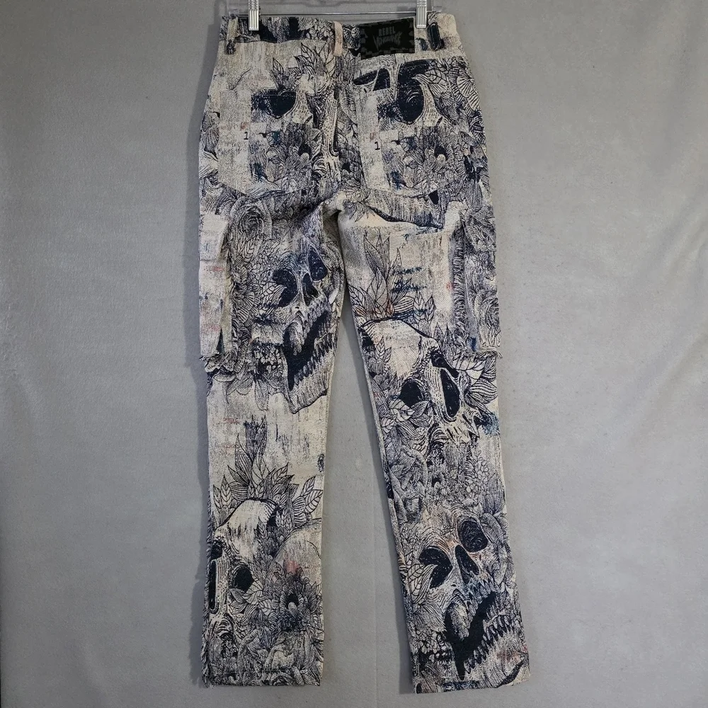 NWT Rebel Vengeance Mens Tapestry Cargo Jeans Skull AOP Size 28x33